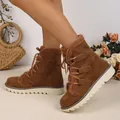 Detail of brown mid-calf snow boots with warm faux fur lining and lace-up closure - 36 / Brown