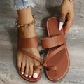 Detailed view of brown toe-ring flat sandals for women with stylish white stitching - Tan