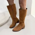 Fashionable brown suede knee-high boots for women with side zipper and sturdy chunky low heel - 36 / Tan