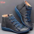 Detail view of women's flat leather ankle boots with blue laces and side zipper - 35 / Blue