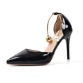 Elegant black patent leather stiletto with gold pearl ankle strap and pointed toe. - 35 / Black Large Bead Style (306-1)