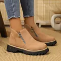 Women's stylish khaki suede ankle boots featuring side zipper and chunky lug soles - Nude