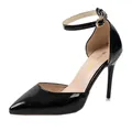 Elegant black patent leather pointed-toe stiletto high heels with adjustable ankle strap - 35 / Black Leather Strap