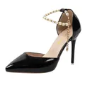 Elegant black patent leather high heels with luxury pearl ankle strap and pointed toe - 35 / Black Small Artificial Pearl Style (306-1)