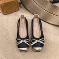 Elegant retro black ballet flats with golden bow and metallic toe cap SKU image - 35 / Black