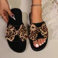 Stylish black suede slippers featuring a bold leopard print bow for outdoor wear. - 37 / Brown Bowknot