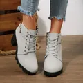 Grey round toe chunky heel combat boots for women with side zipper and lace-up details - 36 / Light Gray