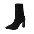 Elegant black knitted sock boots featuring pointed toe and stable chunky block heel - 35 / Black (Black Heel)