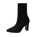 Elegant black knitted sock boot featuring a stylish chunky high heel and pointed toe design - 35 / Black (Printed Heel)