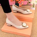 Close-up of elegant cream pointed-toe pumps with a decorative gold metal buckle - 35 / Off White