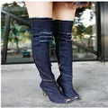 Trendy distressed dark blue denim over-the-knee peep-toe stiletto boots for women - 35 / Peep Toe Stiletto Over-the-Knee Boots / Dark Blue