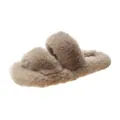 Cozy beige faux fur slippers with stylish double strap and thick sole for indoor use - 35 / Khaki