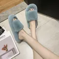 Elegant blue faux fur open toe slide slippers for cozy indoor and outdoor fashion - Light Blue