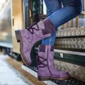 Bottines mi-mollet violettes pour femmes avec revers en maille et talon carré - 35 / Violet