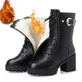 Women's winter black lace-up mid-calf boots with chunky high heels and warm thick faux fur lining - 35 / Black (Fleece Lined)