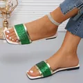 Stylish women's flat slippers with green glitter square-toe design for casual summer wear. - 35 / Green