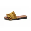 Mosterdgele slippers met ruches, elegant gegolfd randdetail en comfortabele platte zolen - 35 / Geel