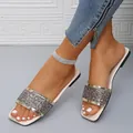 Women's square toe flat sandals with colorful glitter straps and elegant gold trim accents - 35 / Rainbow