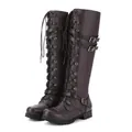 Dark brown knee-high lace-up combat boots with buckle straps and round toe - Dark Brown