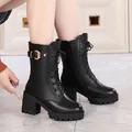 Stylish black mid-calf boots featuring chunky heels and a modern lace-up design - 35 / Black (Single Lining)