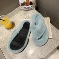 Light blue faux fur slippers for women with thick black non-slip sole and cross straps - 35 / Green Crisscross