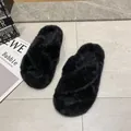 Chic black faux fur cross-strap slippers for women with plush mink-like velvet finish. - 35 / Criss-Cross Straps / Black