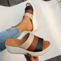 Close-up of color-block wedge platform sandals with woven sole for women. - 36 / Off White