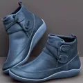 Retro blue leather flat ankle boots with unique strap and button decorative details - 35 / Blue