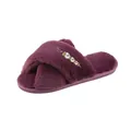 Vue détaillée de chaussons en fausse fourrure violette avec brides croisées et perles - Violet Raisin / 36-37
