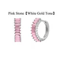 Close-up of pink baguette cubic zirconia stones set in silver-tone huggie hoop earrings - White Gold / Pink