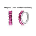 Close-up of elegant silver hoop earrings featuring rose red baguette-cut cubic zirconia. - White Gold / Rose Red