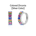 Close-up detail of silver hoop earrings set with vibrant multi-colored baguette zircons - White Gold / Colorful