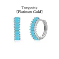 Elegant turquoise baguette stone huggie hoop earrings in white gold plating finish detail view - White Gold / Turquoise