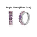Detailed view of silver hoop earrings featuring baguette-cut purple zircon stones - White Gold / Purple