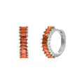 Detailed view of silver hoop earrings featuring vibrant orange baguette-cut zircon stones. - White Gold / Orange Red