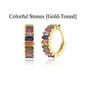 Gold hoop earrings featuring rainbow baguette-cut zircons in a multi-colored design. - Gold / Colorful