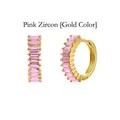 Detail view of gold-plated hoop earrings featuring emerald-cut pink cubic zirconia - Gold / Pink
