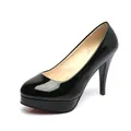 Professional side view of elegant black patent leather platform pumps with stiletto heels - 34 / Black