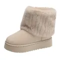 Detailed macro view of beige thick-soled snow boots featuring a plush faux fur collar - 36 / Off White
