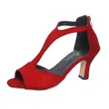 Elegant red suede T-strap open toe high heel sandals featuring a back zipper closure - 34 / Red