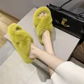 Stylish mustard yellow cross-strap fluffy faux fur open-toe slippers for women - 35 / Green