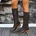 Women's tall brown riding boots with buckle straps and block heel for autumn - Coffee