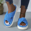 Stylish blue corduroy texture fuzzy slippers with a thick white platform sole for women - 36-37 / Blue