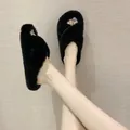 Cozy black faux fur cross strap slippers for women, stylish indoor and outdoor slides. - 35 / Black