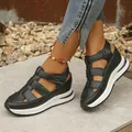 Close-up of black platform wedge sandals with breathable cut-out design and Velcro straps - 35 / Black