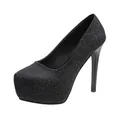 Vue détaillée de profil d'escarpins stiletto à plateforme noirs et scintillants - 34 / Noir