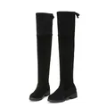 Élégantes bottes cuissardes en daim noir avec petit talon et détail de nœud papillon. - 35 / Noir (Doublure Simple)
