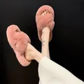 Warm and cozy pink faux fur crisscross slippers for women for indoor and outdoor use - Pink