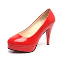 Elegant red shiny patent leather round-toe platform pumps with stiletto heels for women - 34 / Red