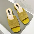 Eleganti sabot in maglia giallo vivace con tacco medio e punta quadrata alla moda - 35 / Giallo